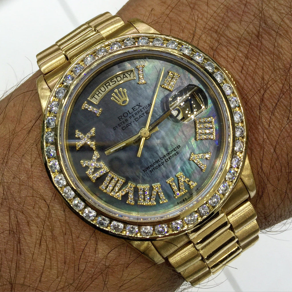 18k Rolex Day Date Black MOP Roman Numeral Diamond Dial & Diamond Bezel Watch