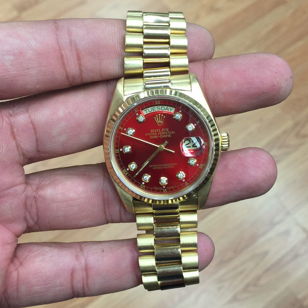 Rolex Day Date 18k Yellow Gold Red Diamond Dial Watch
