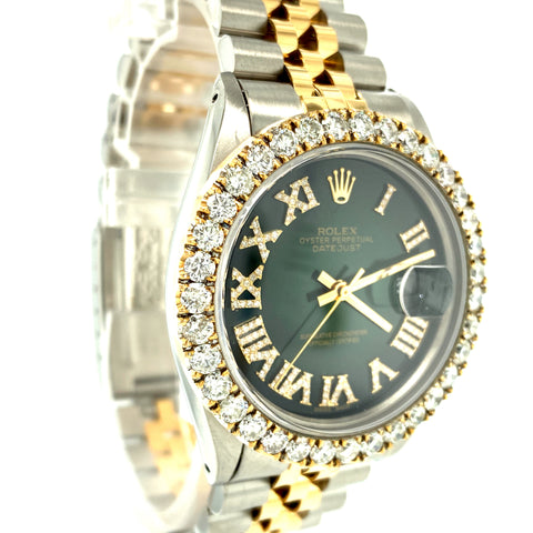 Rolex DateJust 16013 Two Tone Green Roman Dial 4.5ctw Diamond Watch