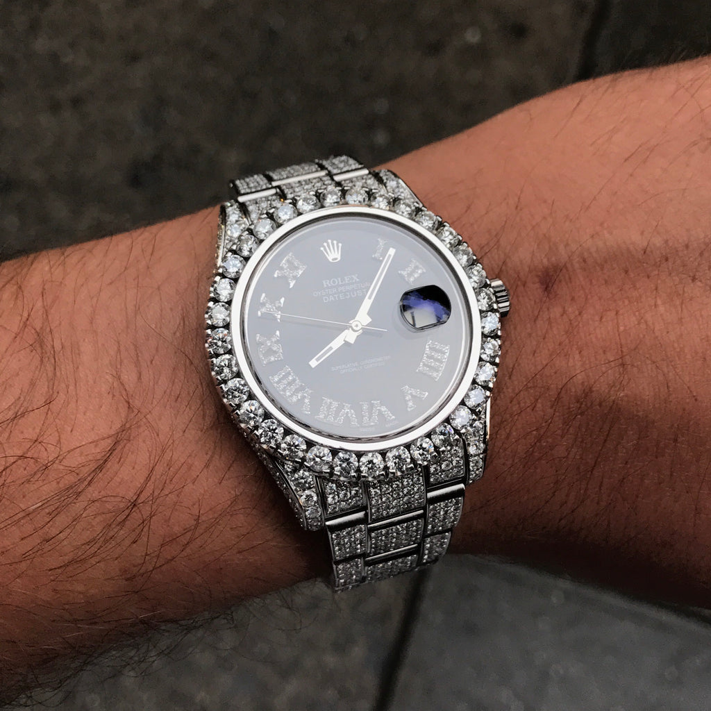 Rolex DateJust II 41mm Watch Black Roman Numeral Full Diamond