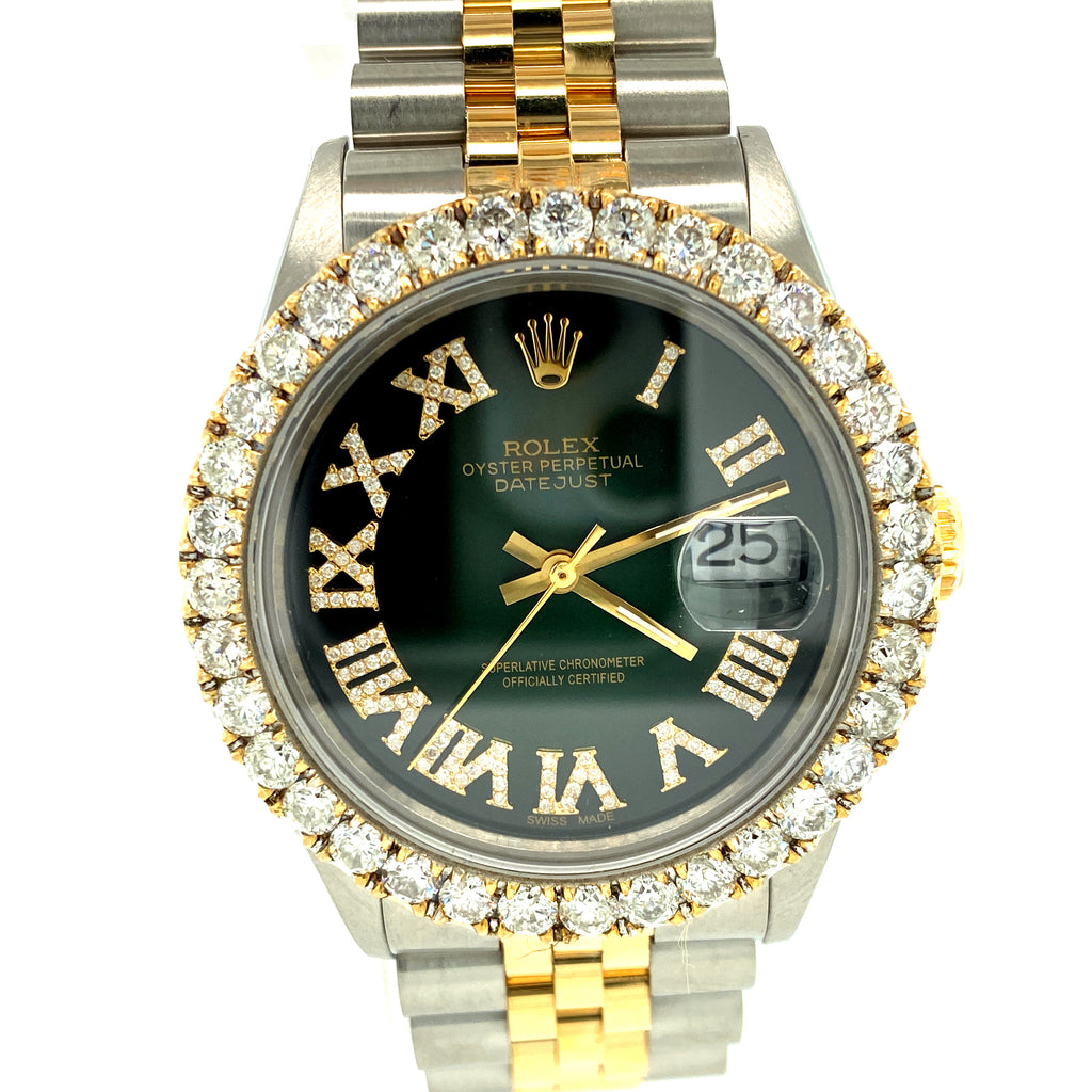 Rolex DateJust 16013 Two Tone Green Roman Dial 4.5ctw Diamond Watch