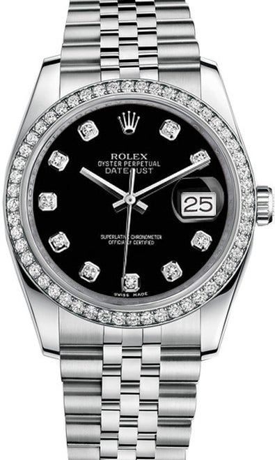 Rolex New Style Datejust Stainless Steel Custom Diamond Bezel and Black Diamond Dial on Jubilee Bracelet