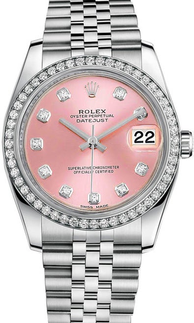 Rolex New Style Datejust Stainless Steel Custom Diamond Bezel and Pink Diamond Dial on Jubilee Bracelet