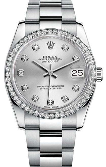 Rolex New Style Datejust Stainless Steel Custom Diamond Bezel & Silver Diamond Dial on Oyster Bracelet