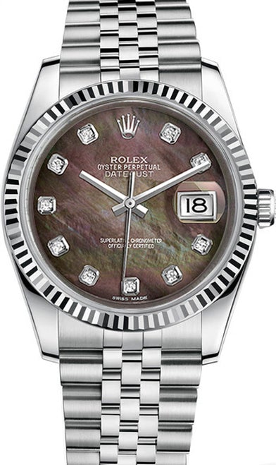 Rolex New Style Datejust Stainless Steel Fluted Bezel and Custom Black Mother of Pearl Diamond Dial on Jubilee Bracelet