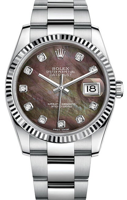 Rolex New Style Datejust Stainless Steel Fluted Bezel & Custom Black Mother of Pearl Diamond Dial on Oyster Bracelet