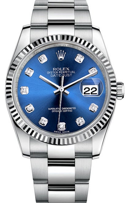 Rolex New Style Datejust Stainless Steel Fluted Bezel & Custom Blue Diamond Dial on Oyster Bracelet
