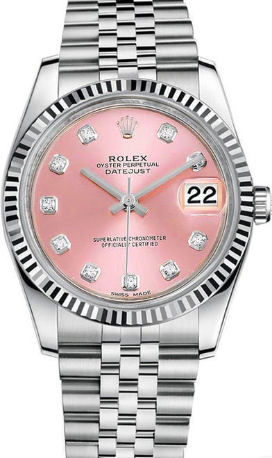 Rolex New Style Datejust Stainless Steel Fluted Bezel and Custom Pink Diamond Dial on Jubilee Bracelet