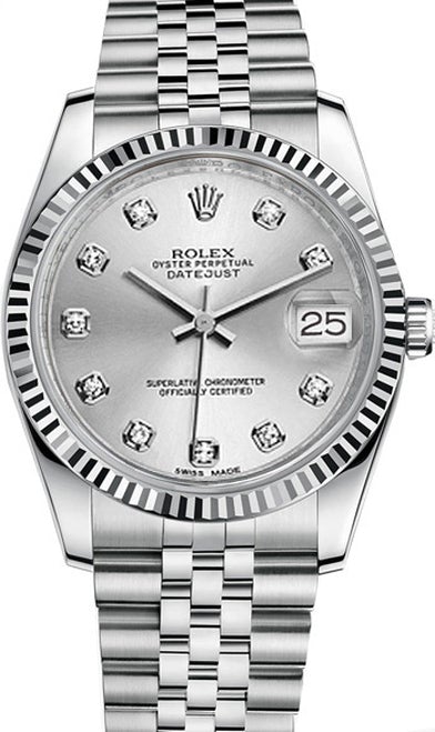 Rolex New Style Datejust Stainless Steel Fluted Bezel and Custom Silver Diamond Dial on Jubilee Bracelet