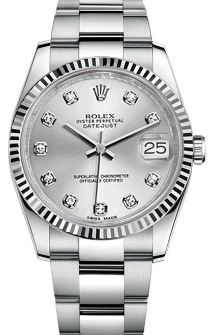 Rolex New Style Datejust Stainless Steel Fluted Bezel & Custom Silver Diamond Dial on Oyster Bracelet