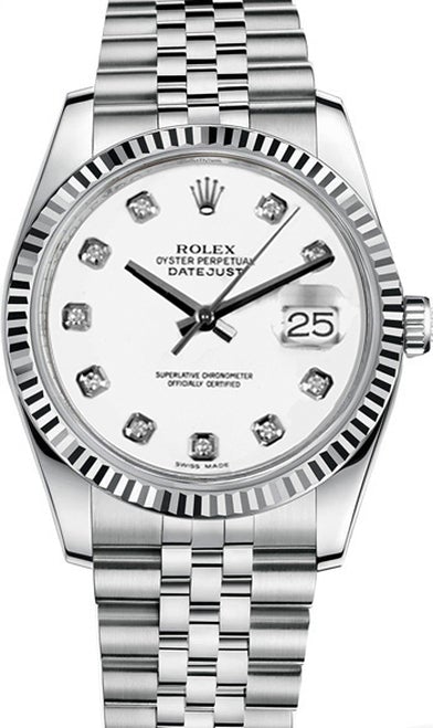 Rolex New Style Datejust Stainless Steel Fluted Bezel and Custom White Diamond Dial on Jubilee Bracelet