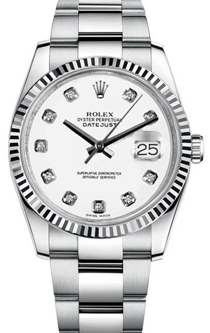 Rolex New Style Datejust Stainless Steel Fluted Bezel & Custom White Diamond Dial on Oyster Bracelet