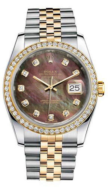 Rolex New Style Datejust Two Tone Custom Diamond Bezel & Black Mother of Pearl Diamond Dial on Jubilee Bracelet