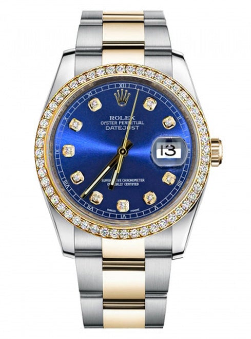 Rolex New Style Datejust Two Tone Custom Diamond Bezel & Blue Diamond Dial on Oyster Bracelet
