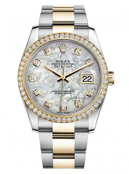 Rolex New Style Datejust Two Tone Custom Diamond Bezel & Mother of Pearl Diamond Dial on Oyster Bracelet