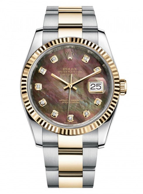 Rolex New Style Datejust Two Tone Fluted Bezel & Custom Black Mother of Pearl Diamond Dial on Oyster Bracelet