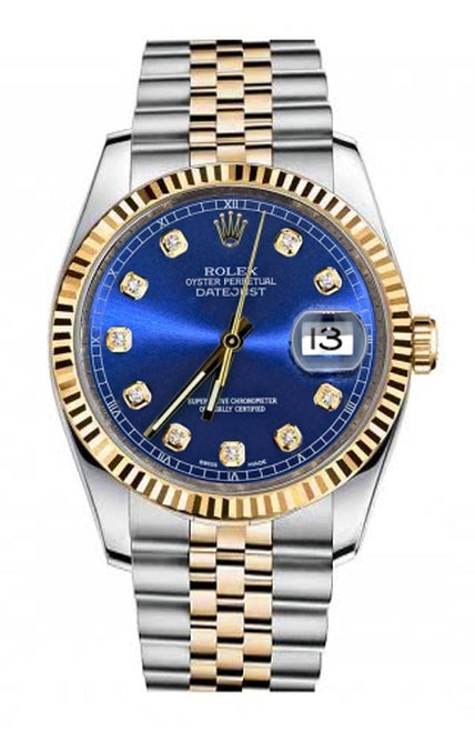 Rolex New Style Datejust Two Tone Fluted Bezel & Custom Blue Diamond Dial on Jubilee Bracelet