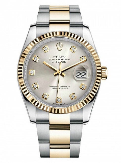 Rolex New Style Datejust Two Tone Fluted Bezel & Custom Silver Diamond Dial on Oyster Bracelet