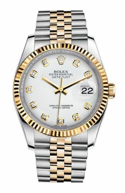 Rolex New Style Datejust Two Tone Fluted Bezel & Custom White Diamond Dial on Jubilee Bracelet