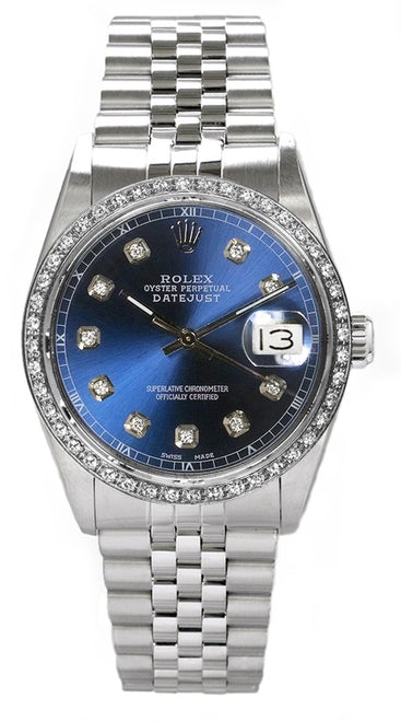 Rolex Men's Datejust Stainless Steel Custom Diamond Bezel & Blue Diamond Dial