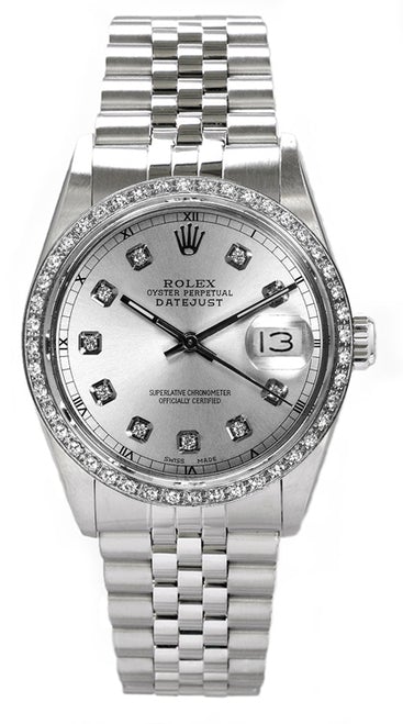 Rolex Men's Datejust Stainless Steel Custom Diamond Bezel & Silver Diamond Dial