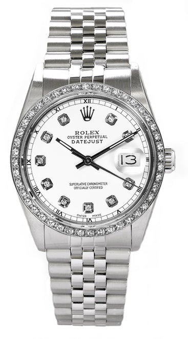 Rolex Men's Datejust Stainless Steel Custom Diamond Bezel & White Diamond Dial