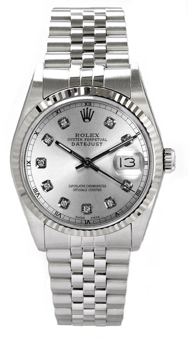 Rolex Men's Datejust Stainless Steel Custom Silver Diamond Dial