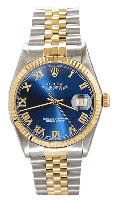 Rolex Men's Datejust Two Tone Fluted Blue Roman Dial