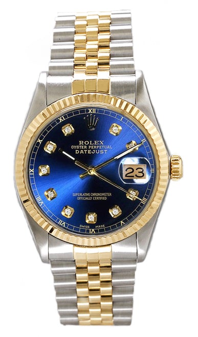 Rolex Men's Datejust Two Tone Fluted Custom Blue Diamond Dial