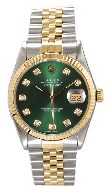 Rolex Men's Datejust Two Tone Fluted Custom Green Diamond Dial