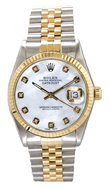 Rolex Men's Datejust Two Tone Fluted Custom Mother of Pearl Diamond Dial