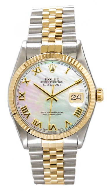 Rolex Men's Datejust Two Tone Fluted Custom Pearl Roman Dial