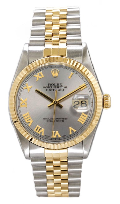 Rolex Men's Datejust Two Tone Fluted Silver Roman Dial