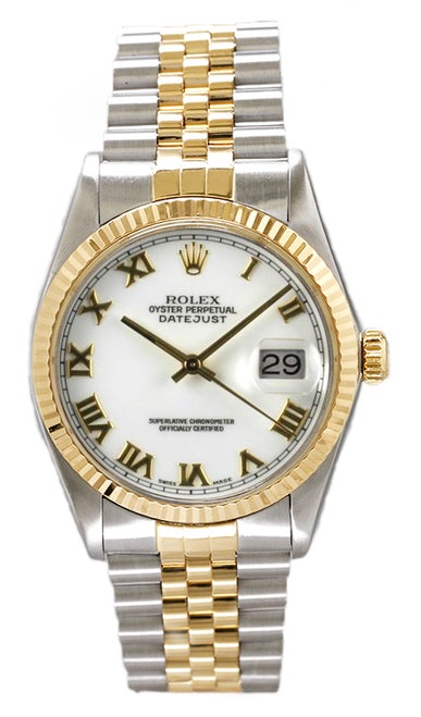 Rolex Men's Datejust Two Tone Fluted White Roman Dial