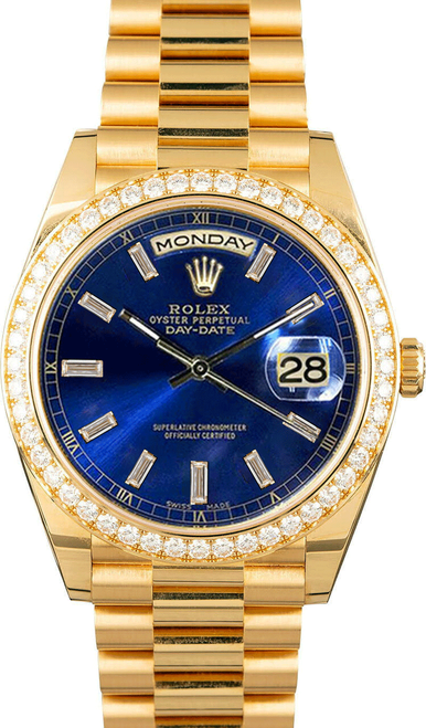 Rolex Men's Day Date 228238 President 40mm Yellow Gold Custom Diamond Bezel & Blue Diamond Dial
