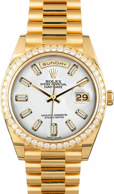 Rolex Men's Day Date 228238 President 40mm Yellow Gold Custom Diamond Bezel & White Diamond Dial