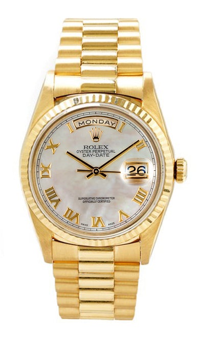 Rolex Men's Day Date President Yellow Gold Custom Pearl Roman Dial