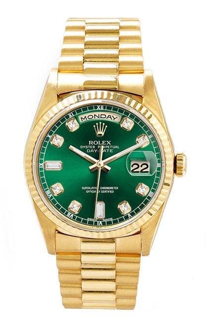 Rolex Men's Day Date President Yellow Gold Fluted Custom Green Diamond Dial