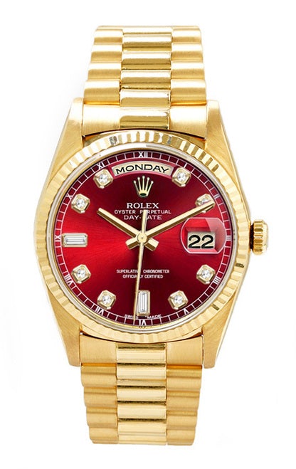 Rolex Men's Day Date President Yellow Gold Fluted Custom Red Diamond Dial