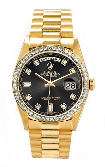 Rolex Men's Day Date President Yellow Gold Custom Diamond Bezel & Black Diamond Dial