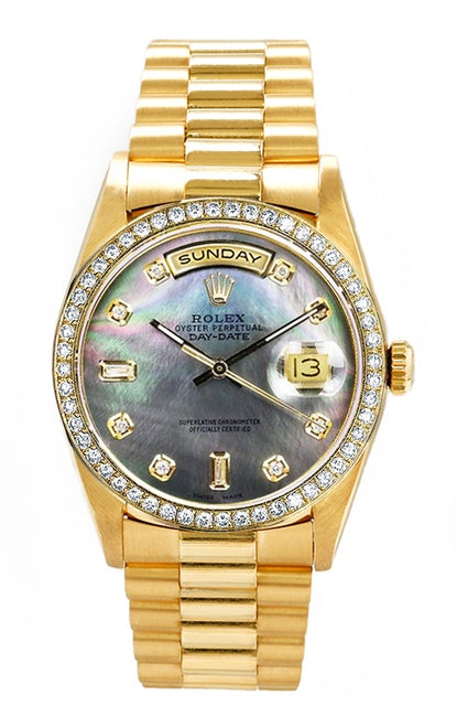 Rolex Men's Day Date President Yellow Gold Custom Diamond Bezel & Mother of Pearl Diamond Dial