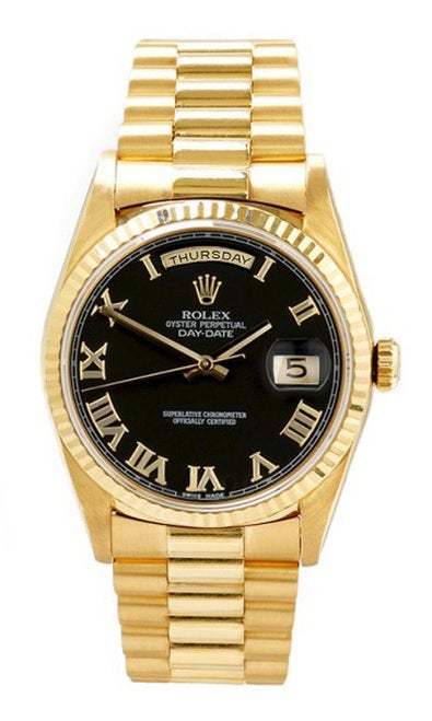 Rolex Men's Day Date President Yellow Gold Fluted Black Roman Dial
