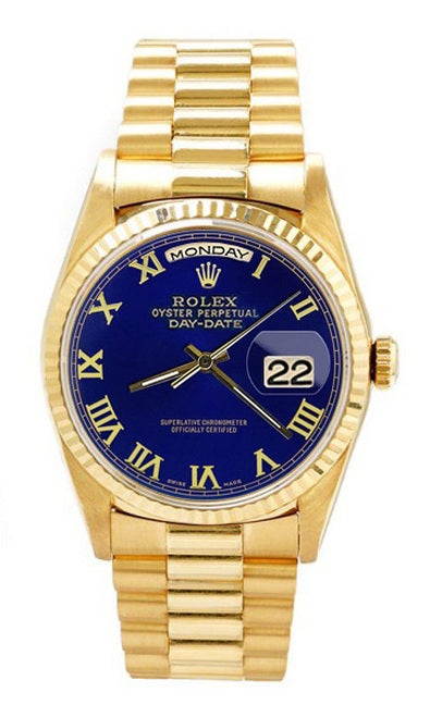 Rolex Men's Day Date President Yellow Gold Fluted Blue Roman Dial
