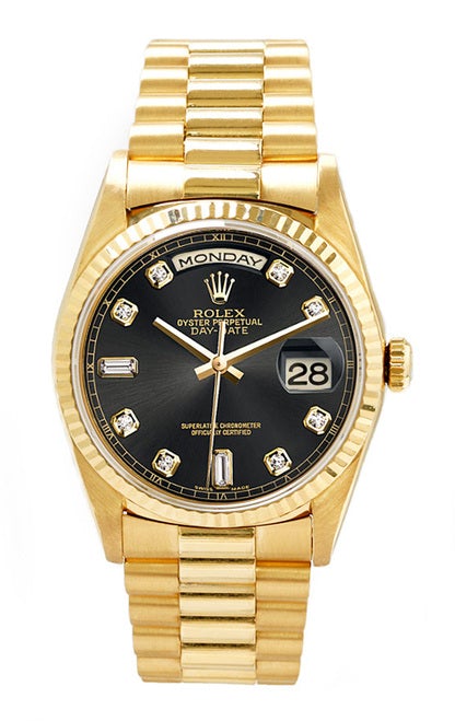Rolex Men's Day Date President Yellow Gold Fluted Custom Black Diamond Dial