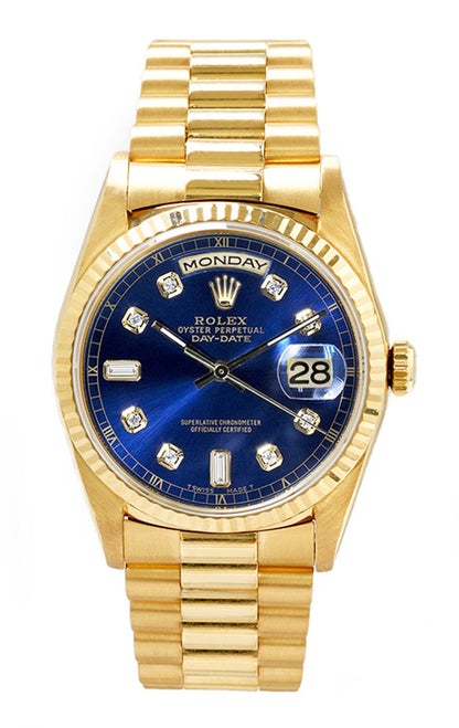 Rolex Men's Day Date President Yellow Gold Fluted Custom Blue Diamond Dial