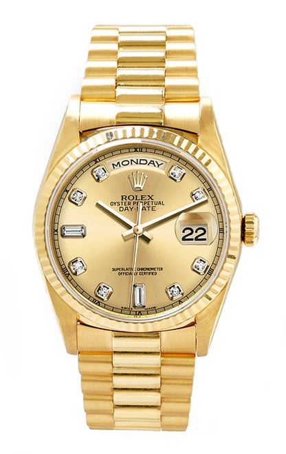 Rolex Men's Day Date President Yellow Gold Fluted Custom Champagne Diamond Dial