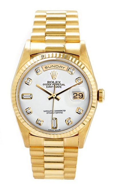 Rolex Men's Day Date President Yellow Gold Fluted Custom White Diamond Dial