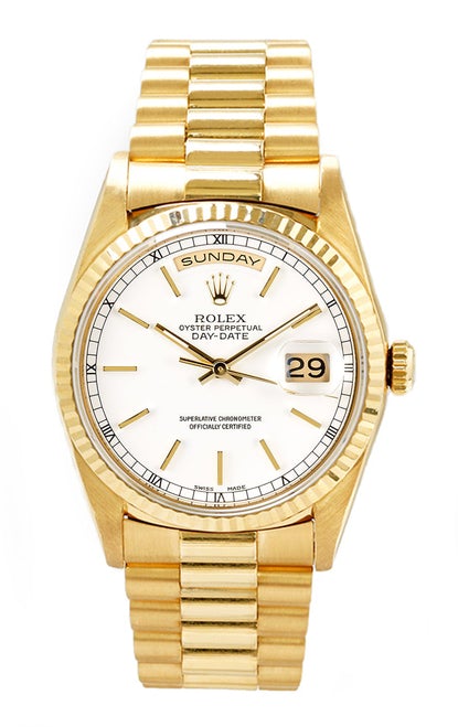 Rolex Men's Day Date President Yellow Gold Fluted White Index Dial