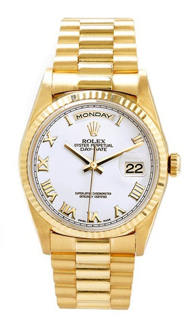 Rolex Men's Day Date President Yellow Gold Fluted White Roman Dial