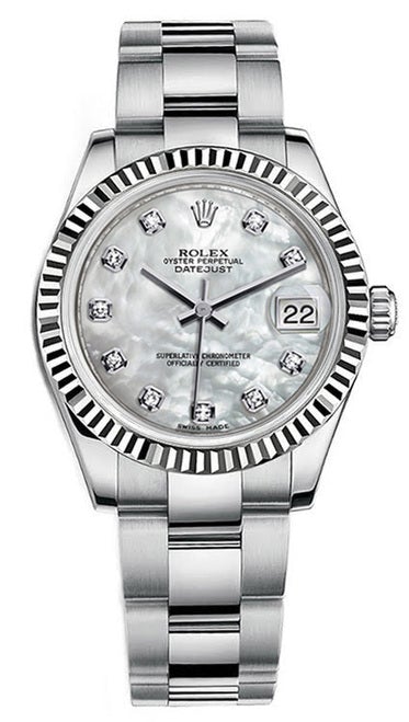 Rolex New Style Datejust Midsize Stainless Steel Fluted Bezel & Custom Diamond Dial on Oyster Bracelet P178240MOPDFO